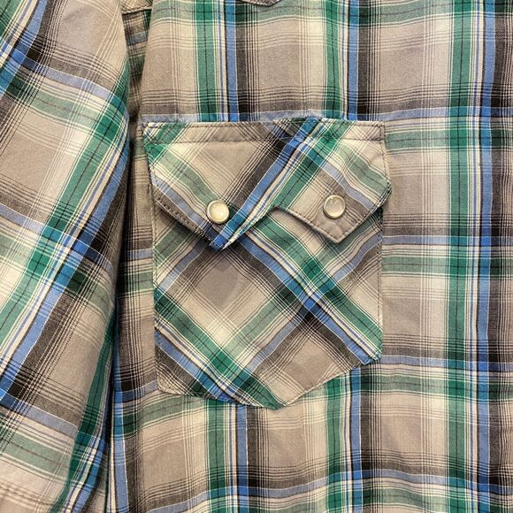 Vtg Wrangler Pearl Snap Button Plaid Green Western Silver Metallic Thread XXXL - Picture 4 of 9